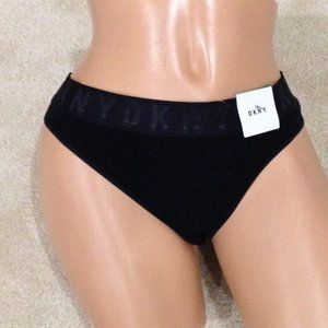 DKNY Logo Thong Panties-Black-Size Large